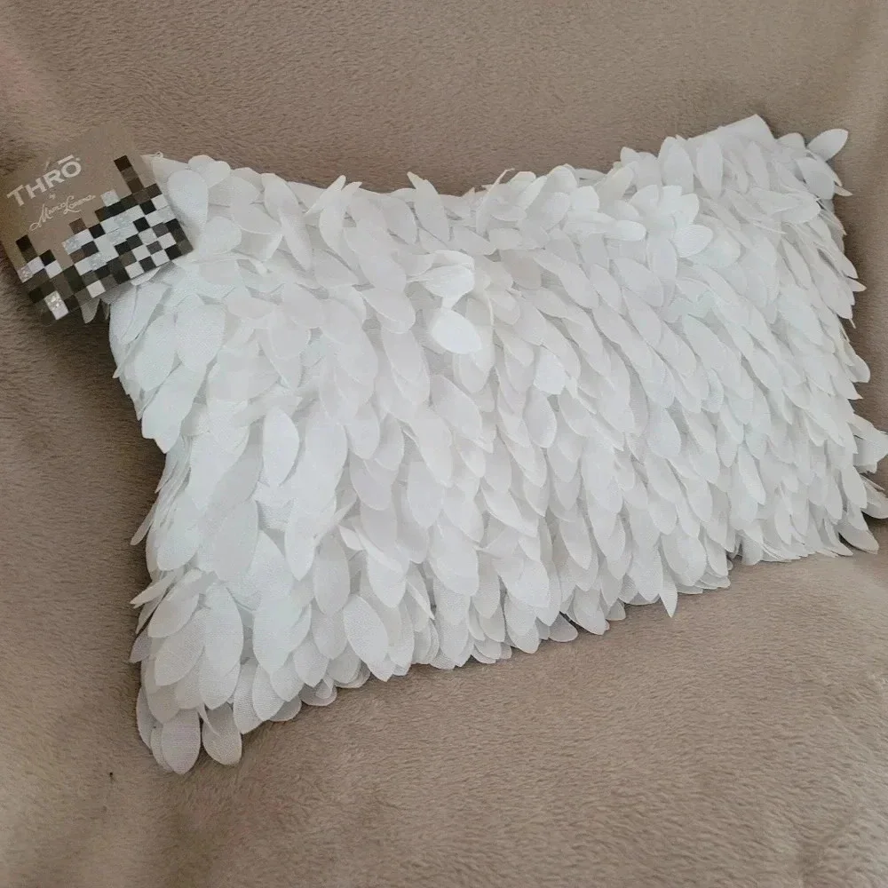 Bright White Marlo Lorenz THRO Faux Linen Fallen Leaves Feather Pillow 18